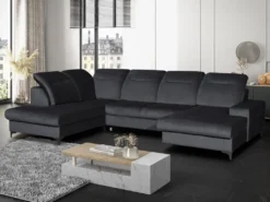 Canapé D'angle Panoramique Gauche Convertible En Velours Bleu Nuit SANTANA -Canapé Soldes Boutique canape 14022847