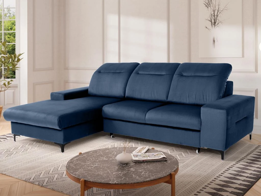 Canapé D'angle Gauche Convertible En Velours Bleu SANTANA 9 Canapé D'angle Gauche Convertible En Velours Bleu SANTANA – Image 9