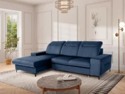 Canapé D'angle Gauche Convertible En Velours Bleu SANTANA