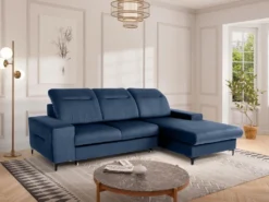 Canapé D'angle Droit Convertible En Velours Bleu SANTANA