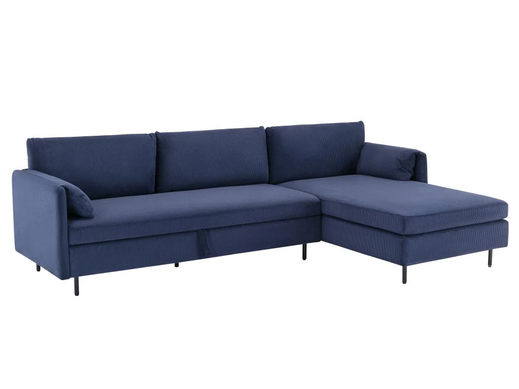 Canapé D'angle Droit Convertible En Velours Côtelé Bleu Foncé ALEXANDRA 2 Canapé D'angle Droit Convertible En Velours Côtelé Bleu Foncé ALEXANDRA – Image 2