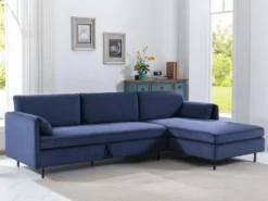 Canapé D'angle Droit Convertible En Velours Côtelé Bleu Foncé ALEXANDRA