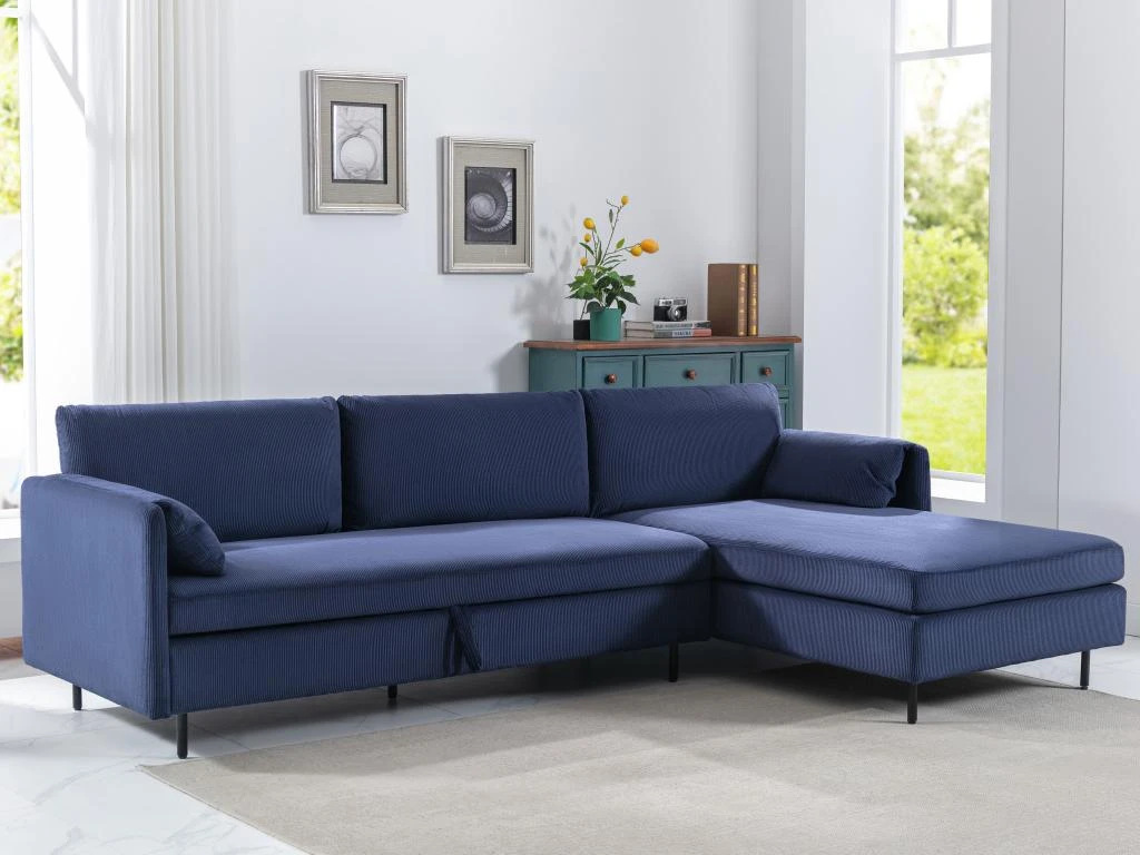Canapé D'angle Droit Convertible En Velours Côtelé Bleu Foncé ALEXANDRA 1 Canapé D'angle Droit Convertible En Velours Côtelé Bleu Foncé ALEXANDRA