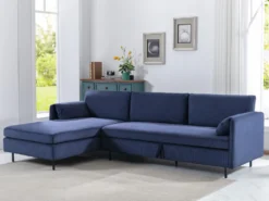 Canapé D'angle Gauche Convertible En Velours Côtelé Bleu Foncé ALEXANDRA