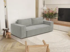 Canapé 3 Places Convertible Express En Velours Côtelé Gris AMELIA -Couchage 140 Cm - Matelas 14 Cm Avec Mémoire De Forme DUNLOPILLO