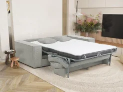 Canapé 3 Places Convertible Express En Velours Côtelé Gris AMELIA -Couchage 140 Cm - Matelas 14 Cm Avec Mémoire De Forme DUNLOPILLO -Canapé Soldes Boutique canape 14290237
