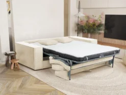 Canapé 4 Places Convertible Express En Velours Côtelé Beige AMELIA -Couchage 160 Cm - Matelas 14 Cm Avec Mémoire De Forme DUNLOPILLO -Canapé Soldes Boutique canape 14290249