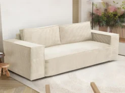 Canapé 4 Places Convertible Express En Velours Côtelé Beige AMELIA -Couchage 160 Cm - Matelas 14 Cm Avec Mémoire De Forme DUNLOPILLO -Canapé Soldes Boutique canape 14290261