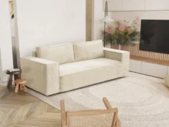 Canapé 3 Places Convertible Express En Velours Côtelé Beige AMELIA - Couchage 140 Cm - Matelas 14 Cm Avec Mémoire De Forme DUNLOPILLO