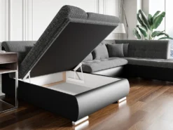 Canapé D'angle Droit Panoramique Convertible En Tissu Texturé Et Simili Gris Et Noir SONDRIO -Canapé Soldes Boutique canape 14290841