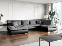 Canapé D'angle Droit Panoramique Convertible En Tissu Texturé Et Simili Gris Et Noir SONDRIO