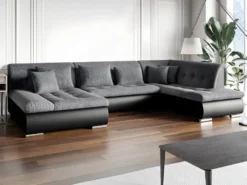 Canapé D'angle Droit Panoramique Convertible En Tissu Texturé Et Simili Gris Et Noir SONDRIO -Canapé Soldes Boutique canape 14290847