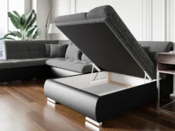 Canapé D'angle Gauche Panoramique Convertible En Tissu Texturé Et Simili Gris Et Noir SONDRIO -Canapé Soldes Boutique canape 14290857