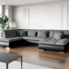Canapé D'angle Gauche Panoramique Convertible En Tissu Texturé Et Simili Gris Et Noir SONDRIO