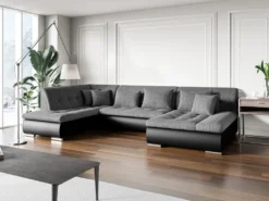 Canapé D'angle Gauche Panoramique Convertible En Tissu Texturé Et Simili Gris Et Noir SONDRIO