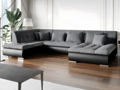 Canapé D'angle Gauche Panoramique Convertible En Tissu Texturé Et Simili Gris Et Noir SONDRIO -Canapé Soldes Boutique canape 14290865