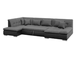 Canapé D'angle Gauche Panoramique Convertible En Tissu Texturé Et Simili Gris Et Noir SONDRIO -Canapé Soldes Boutique canape 14290869