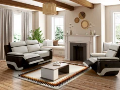 Canapé 3 Places Relax En Microfibre Gris Clair Et Bandes Marrons TALCA