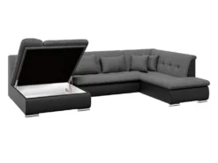 Canapé D'angle Droit Panoramique Convertible En Tissu Texturé Et Simili Gris Et Noir SONDRIO -Canapé Soldes Boutique canape 14394273