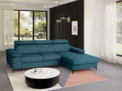 Canapé D'angle Droit Convertible En Velours Bleu Canard Avec Têtières ELIKIA