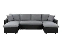 Canapé D'Angle Panoramique MARIA Convertible En Simili Et Microfibre - Gris Et Noir