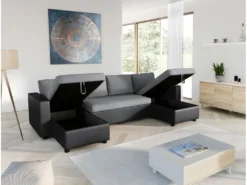 Canapé D'Angle Panoramique MARIA Convertible En Simili Et Microfibre - Gris Et Noir -Canapé Soldes Boutique canape 14641199