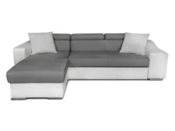 Canapé D'angle ELONA Convertible Bi-matière Blanc Et Gris Avec Poufs De Rangement à Droite