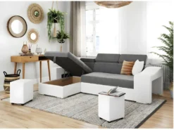 Canapé D'angle ELONA Convertible Bi-matière Blanc Et Gris Avec Poufs De Rangement à Droite -Canapé Soldes Boutique canape 14641651