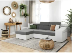 Canapé D'angle ELONA Convertible Bi-matière Blanc Et Gris Avec Poufs De Rangement à Droite -Canapé Soldes Boutique canape 14641653