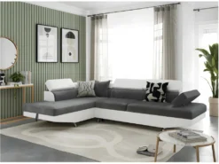 Canapé D'angle RIO Convertible Avec Coffre En Microfibre Et Simili - Angle Gauche, Blanc Et Gris -Canapé Soldes Boutique canape 14642117