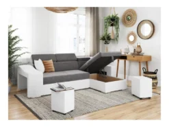 Canapé D'angle ELONA Convertible Bi-matière Blanc Et Gris Avec Poufs De Rangement à Gauche -Canapé Soldes Boutique canape 14642185