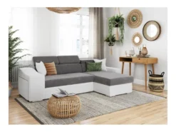 Canapé D'angle ELONA Convertible Bi-matière Blanc Et Gris Avec Poufs De Rangement à Gauche -Canapé Soldes Boutique canape 14642187