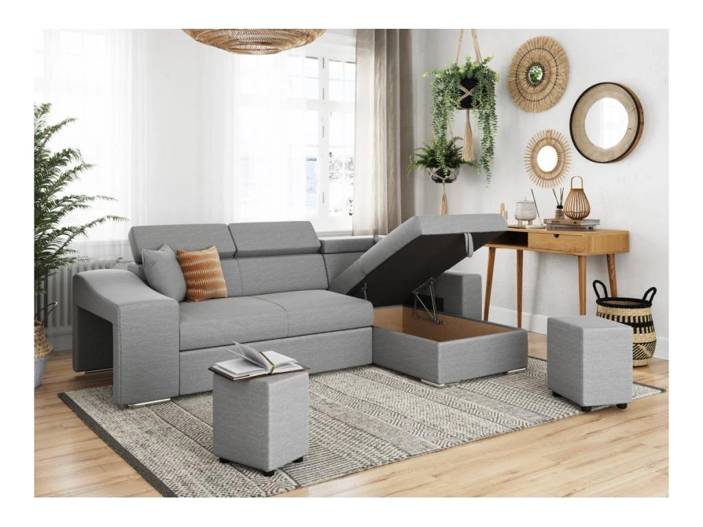 Canapé D'Angle ELONA Convertible En Tissu Gris Clair Avec Poufs De Rangement à Gauche 3 Canapé D'Angle ELONA Convertible En Tissu Gris Clair Avec Poufs De Rangement à Gauche – Image 3