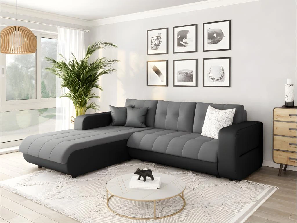 Canapé D'Angle SUZIE Convertible En Simili Et Microfibre - Angle Gauche, Gris Et Noir 2 Canapé D'Angle SUZIE Convertible En Simili Et Microfibre - Angle Gauche, Gris Et Noir – Image 2