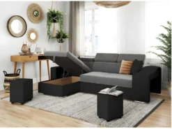 Canapé D'angle ELONA Convertible Bi-matière Gris Et Noir Avec Poufs De Rangement à Droite -Canapé Soldes Boutique canape 14648615