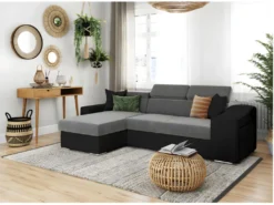 Canapé D'angle ELONA Convertible Bi-matière Gris Et Noir Avec Poufs De Rangement à Droite -Canapé Soldes Boutique canape 14648617