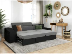 Canapé D'angle ELONA Convertible Bi-matière Gris Et Noir Avec Poufs De Rangement à Droite -Canapé Soldes Boutique canape 14648625