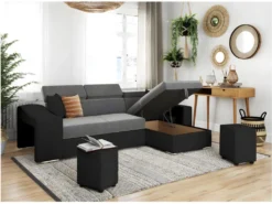 Canapé D'angle ELONA Convertible Bi-matière Gris Et Noir Avec Poufs De Rangement à Droite -Canapé Soldes Boutique canape 14648627