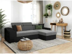 Canapé D'angle ELONA Convertible Bi-matière Gris Et Noir Avec Poufs De Rangement à Droite -Canapé Soldes Boutique canape 14648629