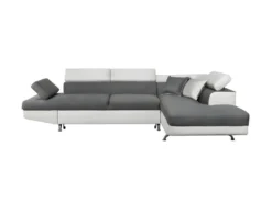 Canapé D'angle RIO Convertible Avec Coffre En Tissu Et Simili - Angle Droit, Blanc Et Gris