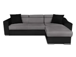 Canapé D'angle ELONA Convertible Bi-matière Gris Et Noir Avec Poufs De Rangement à Gauche