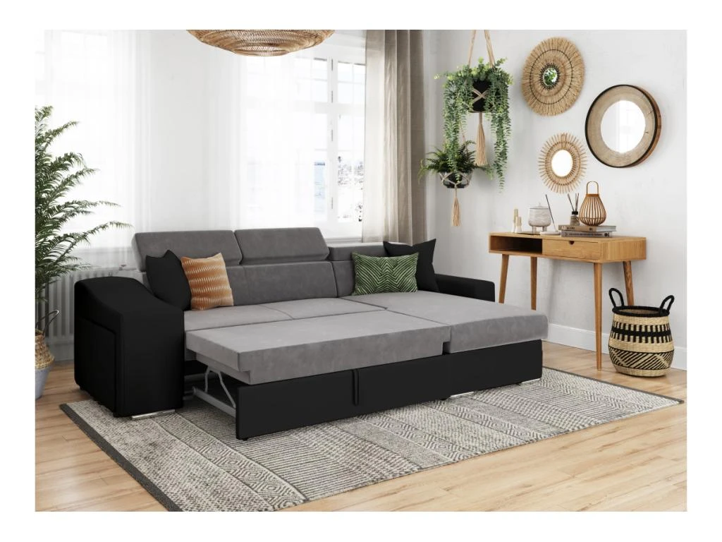 Canapé D'angle ELONA Convertible Bi-matière Gris Et Noir Avec Poufs De Rangement à Gauche 2 Canapé D'angle ELONA Convertible Bi-matière Gris Et Noir Avec Poufs De Rangement à Gauche – Image 2