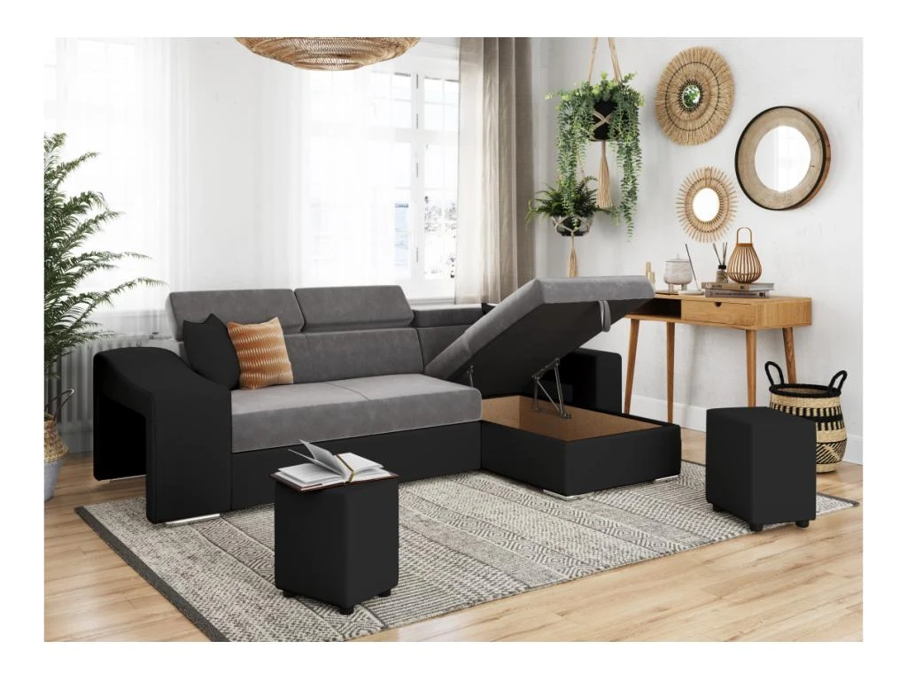 Canapé D'angle ELONA Convertible Bi-matière Gris Et Noir Avec Poufs De Rangement à Gauche 3 Canapé D'angle ELONA Convertible Bi-matière Gris Et Noir Avec Poufs De Rangement à Gauche – Image 3
