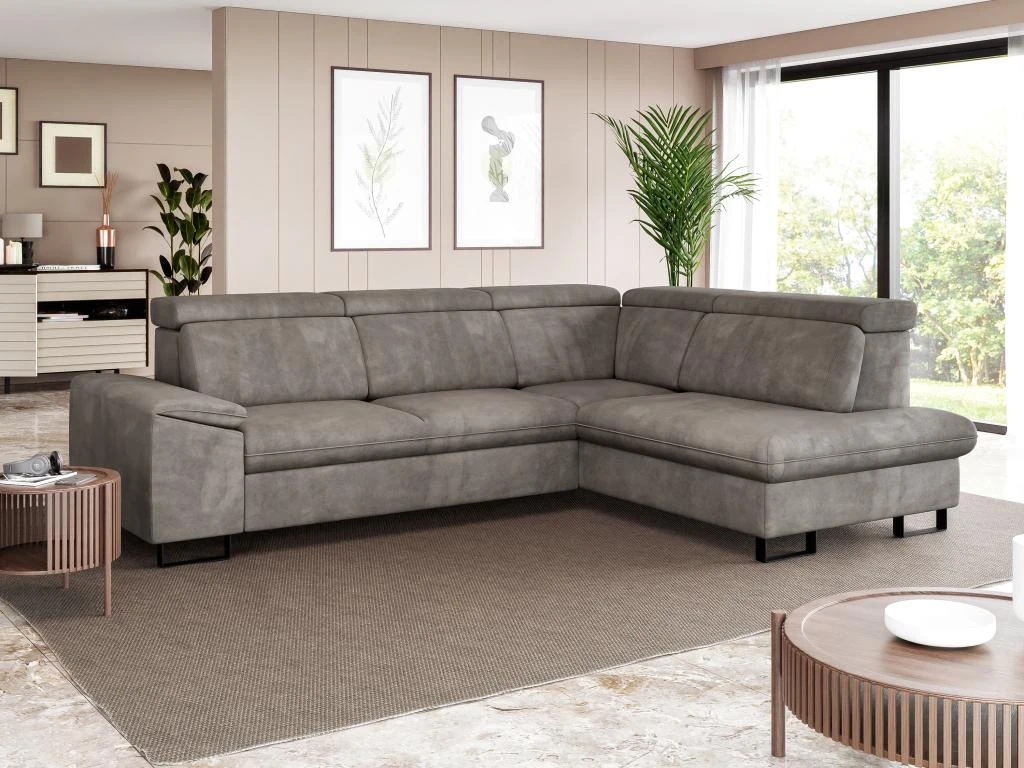 Canapé D'angle Droit Convertible En Velours Gris DIMARO 1 Canapé D'angle Droit Convertible En Velours Gris DIMARO