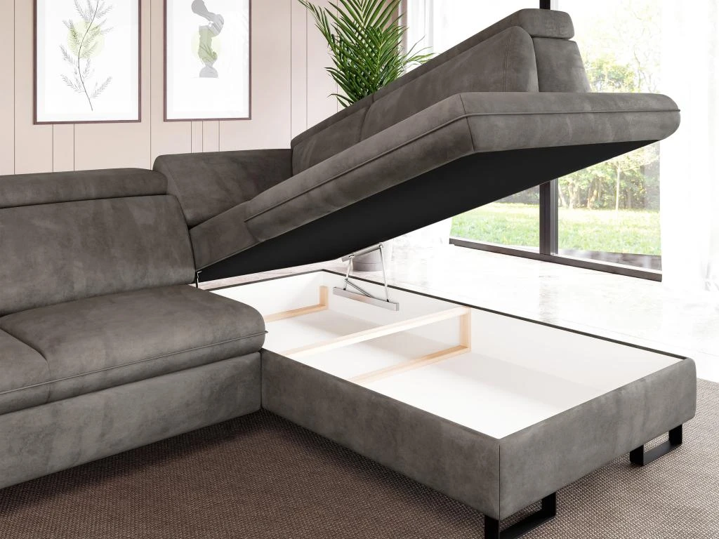 Canapé D'angle Droit Convertible En Velours Gris DIMARO 7 Canapé D'angle Droit Convertible En Velours Gris DIMARO – Image 7