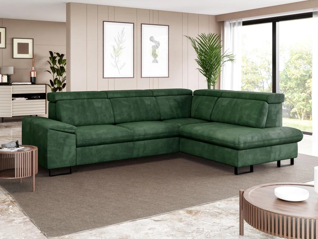 Canapé D'angle Droit Convertible En Velours Vert DIMARO 1 Canapé D'angle Droit Convertible En Velours Vert DIMARO