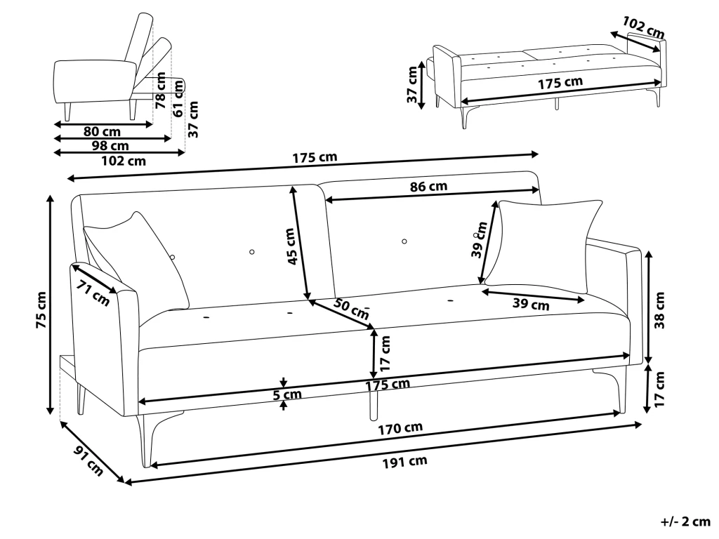 Canapé Convertible 3 Places En Tissu Gris LUCAN 3 Canapé Convertible 3 Places En Tissu Gris LUCAN – Image 3