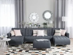 Canapé Panoramique Convertible En Tissu Gris Foncé 5 Places Avec Pouf ABERDEEN