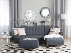 Canapé Angle Gauche Convertible En Tissu Gris Foncé 4 Places Avec Pouf ABERDEEN