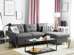 Canapé Angle à Gauche Convertible 4 Places En Tissu Gris Foncé FLAKK